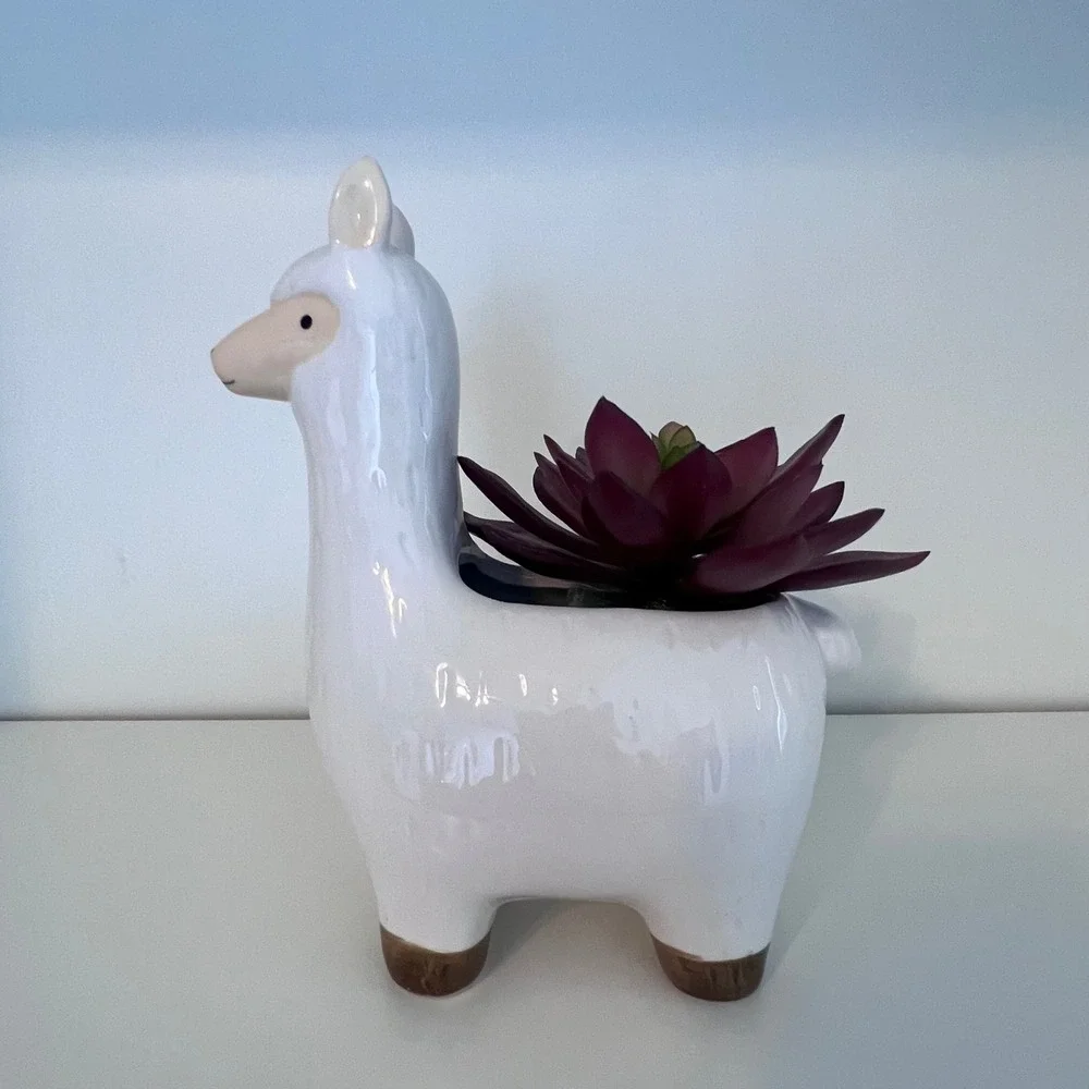 Primitives by Kathy White Ceramic Llama Planter with Faux Burgundy Succulent‎